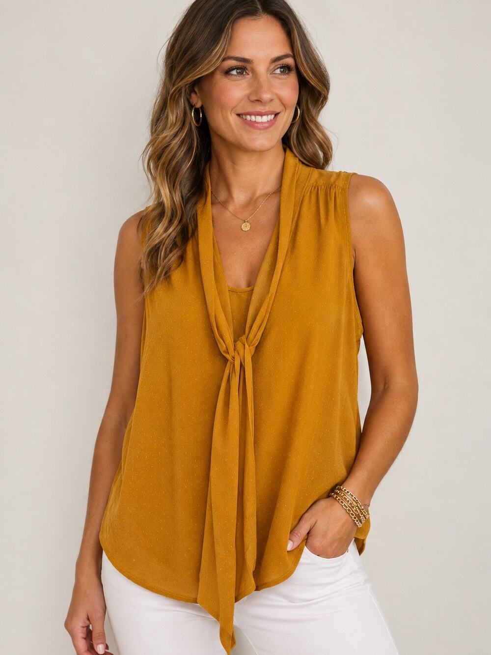 Tulip B Mustard Swiss Dot Tie Neck Sleeveless Blouse Top Small NEW